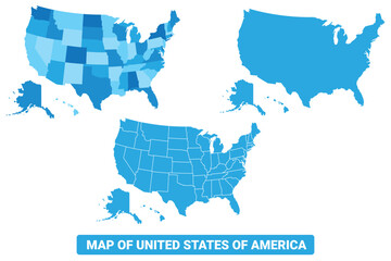 Vector Blue United States Of America political maps with borders regions simple flat illustration set 