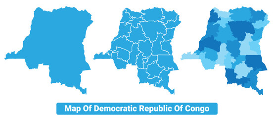 Vector Blue Democratic Republic of the Congo political maps with borders regions simple flat illustration set 