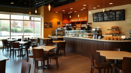 A modern cafa interior with sleek tables and comfortable chairs arranged for customers, with a vibrant decor and a counter displaying an assortment of baked goods.