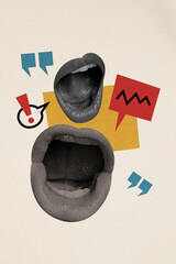 Composite collage image of screaming mouth speech bubble announce communication loud voice...