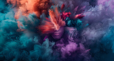 Obraz premium Woman in blue dress with colorful smoke hair.