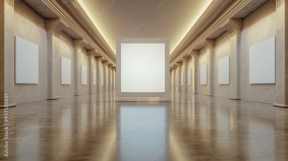 Poster a 3d render of a blank canvas floating in a digital gallery