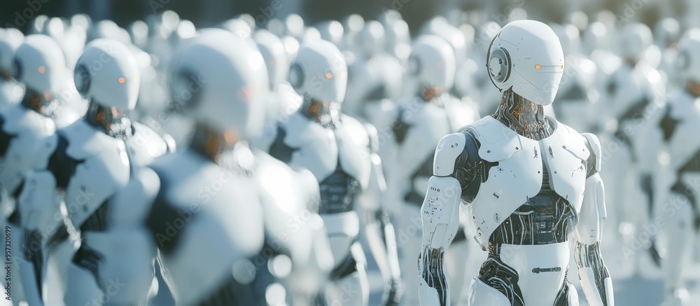 Poster 3d illustration depicting interaction between robots and humans