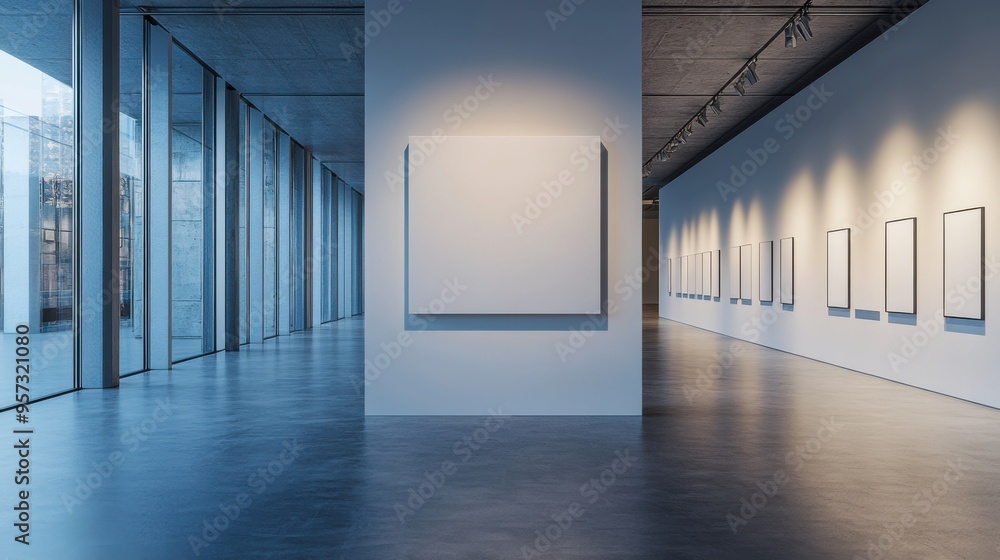 Poster a 3d render of a blank canvas on a wall in a modern gallery