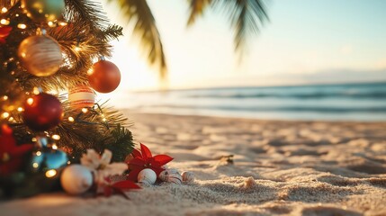 Photograph of a tropical Christmas setting with a decorated tree and featuring colorful ornaments, tinsel, and fairy lights