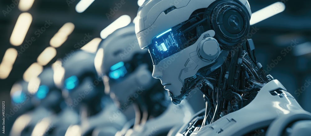 Poster 3d illustration featuring a group of cyborgs showcasing artificial intelligence advanced robotics an
