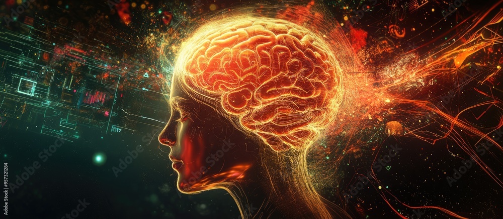 Poster 3d illustration featuring a human head intertwined with technology symbols representing themes of co