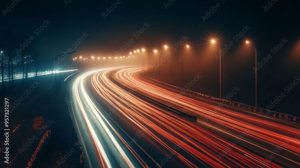 Poster a night scene of a motorway illuminated by streetlights, with the red and white streaks of car light