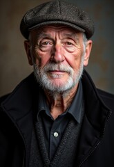 Obraz premium Portrait of an elderly man with a thoughtful expression, wearing a flat cap and dark clothing, captured in soft, natural lighting. 