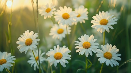 Fototapeta premium The landscape of white daisy blooms in a field 