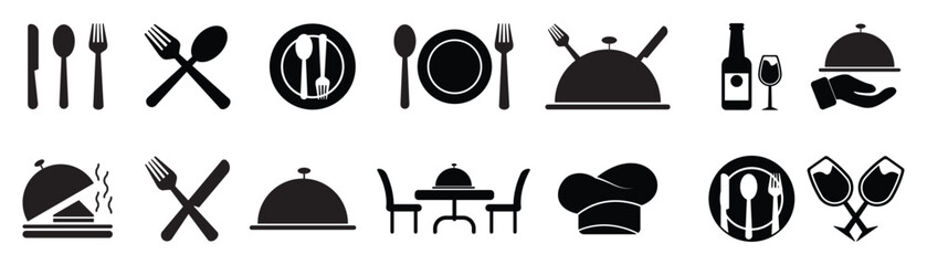 Catering icon set. Cutlery or tableware in restaurant.  food, dining table, and waiter. fork, spoon, knife, plate, cloche, tray, chef hat, beverage, vector illustration eps 10.