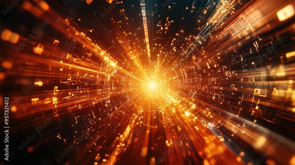 Poster 3d illustration featuring a light burst numerical elements and fractals exploring themes of digital 