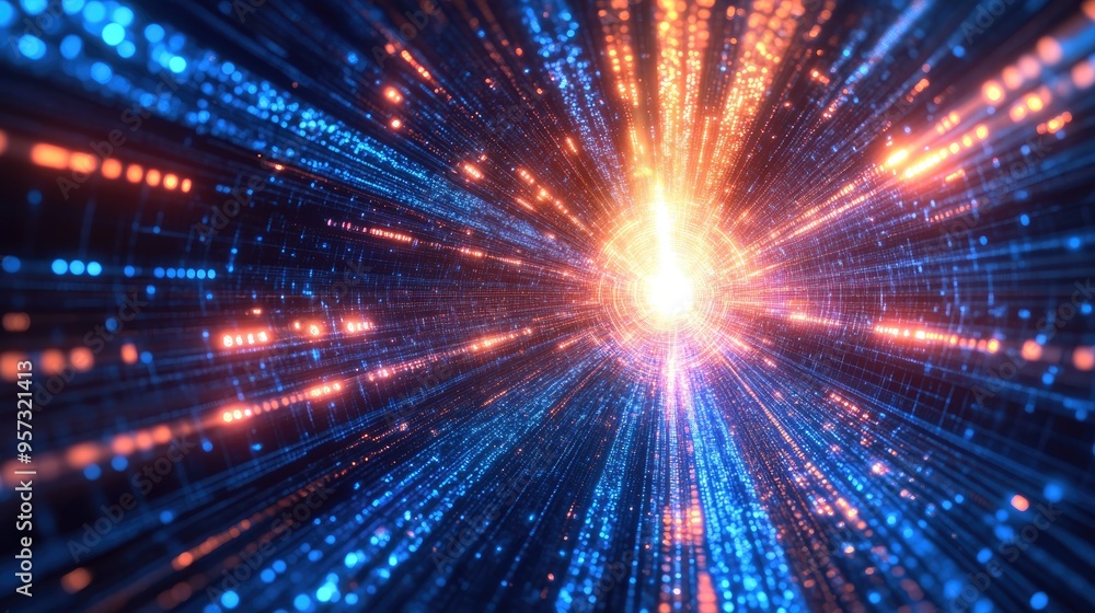 Poster 3d illustration featuring a light burst numerical elements and fractals exploring themes of digital 