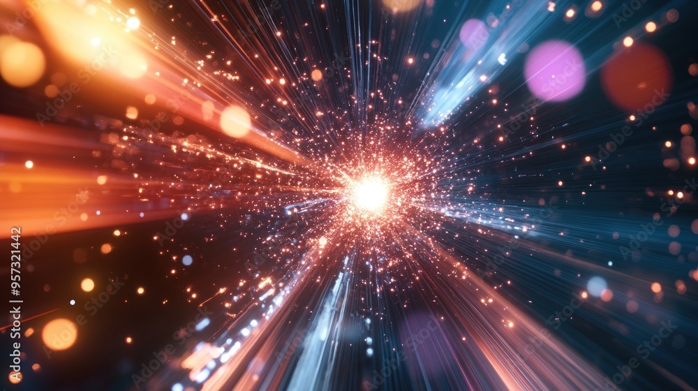 Poster 3d illustration featuring a light burst numerical elements and fractals exploring themes of digital 