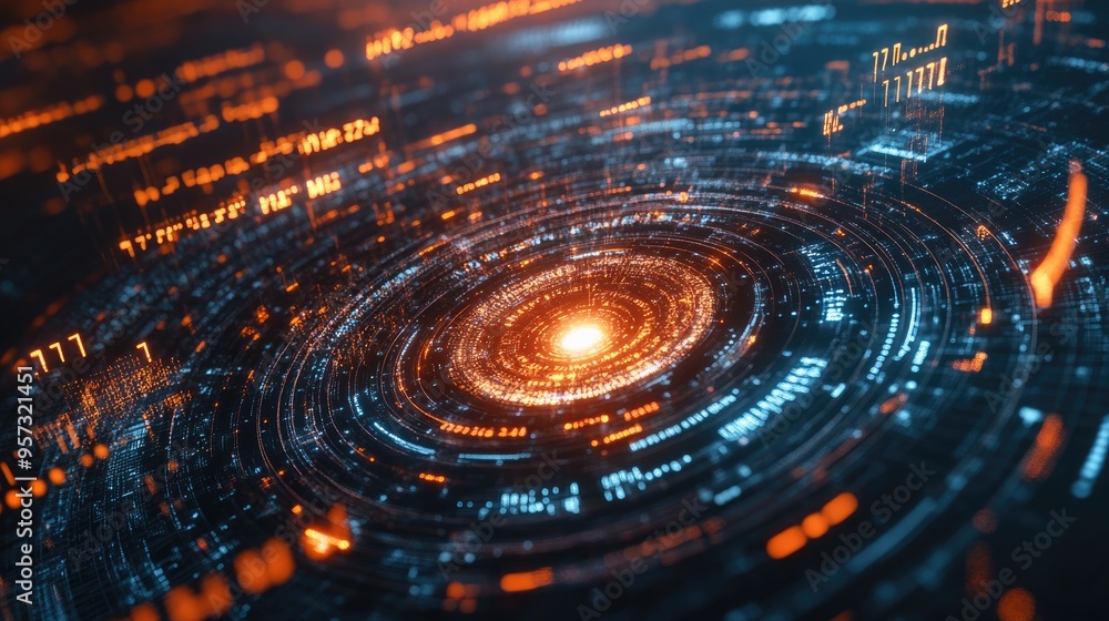Poster 3d illustration featuring a light burst numerical elements and fractals exploring themes of digital 
