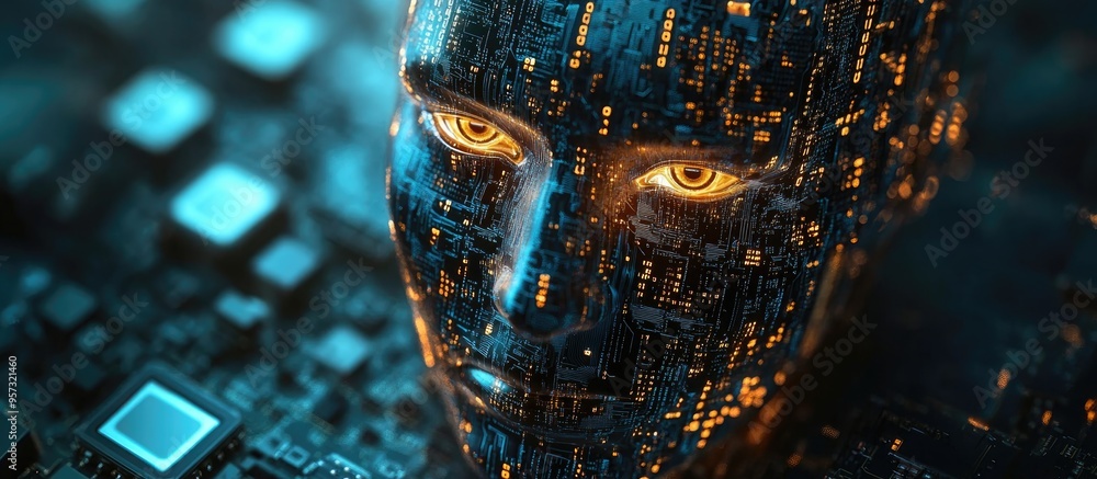 Poster 3d illustration featuring computer chips on a dark backdrop showcasing a menacing face integrated wi