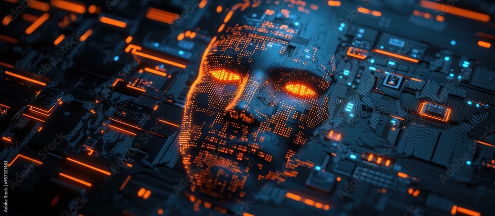 Poster 3d illustration featuring computer chips on a dark backdrop showcasing a menacing face integrated wi