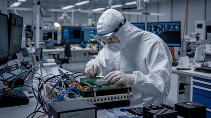 Engineer in Full-Body Suit Testing Electronics in Secure Tech Lab