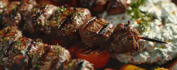 Flavor-packed beef kebabs with tzatziki, 4K hyperrealistic photo
