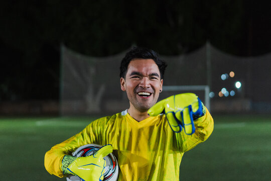 Football goalie hyped up.