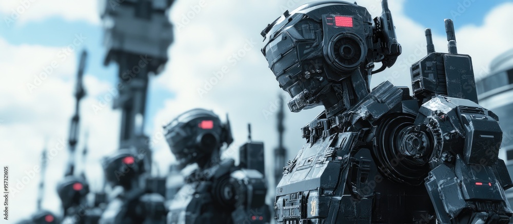 Poster 3d illustration featuring robots in the context of military applications and gaming