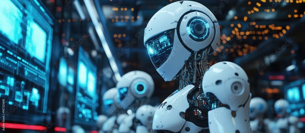 Poster 3d illustration featuring robots in the context of military applications and gaming