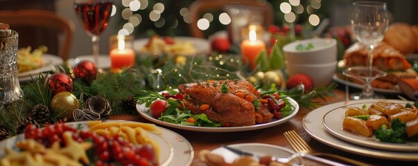 Festive holiday table with plates of delicious food, 4K hyperrealistic photo