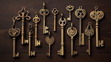 keys with old brass pendants on dark wood background

