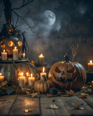 Vintage dark halloween postcard, pumpkins and candles on a flat wooden board on a black background with a Halloween theme, halloween dark background