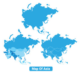 Vector Blue Asia political maps with borders regions simple flat illustration set 