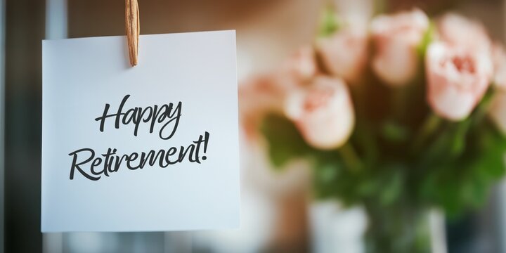Happy Retirement! written on a white card. In the background is a gift of a bouquet