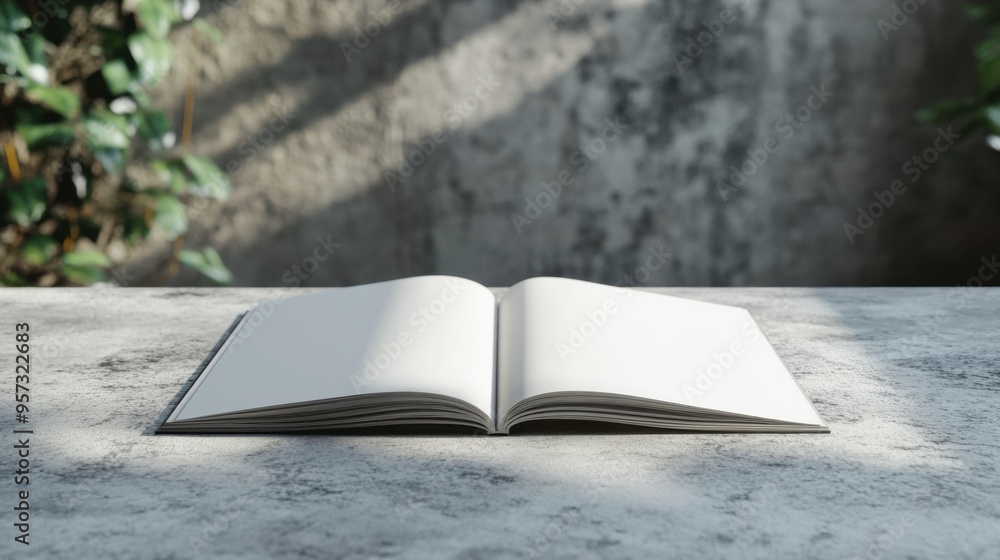 Poster a 3d render of a blank magazine spread on a floating table