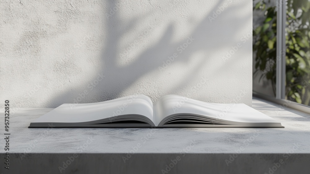 Poster a 3d render of a blank magazine spread on a floating table