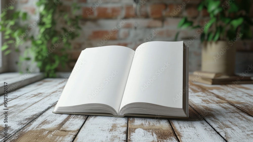 Poster a 3d render of a blank magazine spread on a floating table