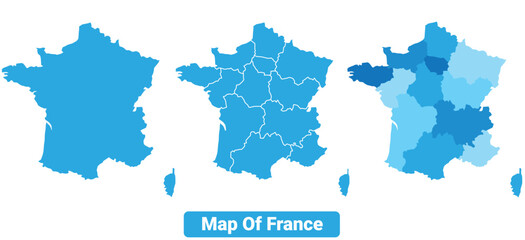 Vector Blue France political maps with borders regions simple flat illustration set 