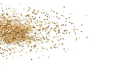 Luxurious golden glitter particles cascade elegantly on a pristine white background, embodying festive opulence in motion