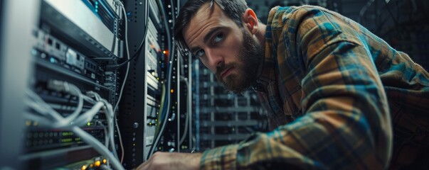 IT specialist troubleshooting a network issue, 4K hyperrealistic photo