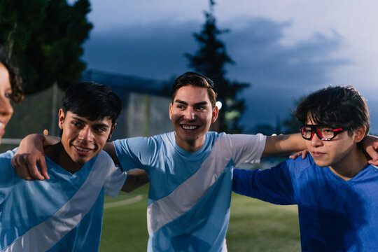 soccer team gathered before game. 