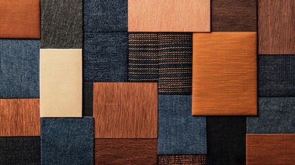 Assorted denim patches laid out in a random pattern, displaying the rich variety in fabric textures, stitching, and wear