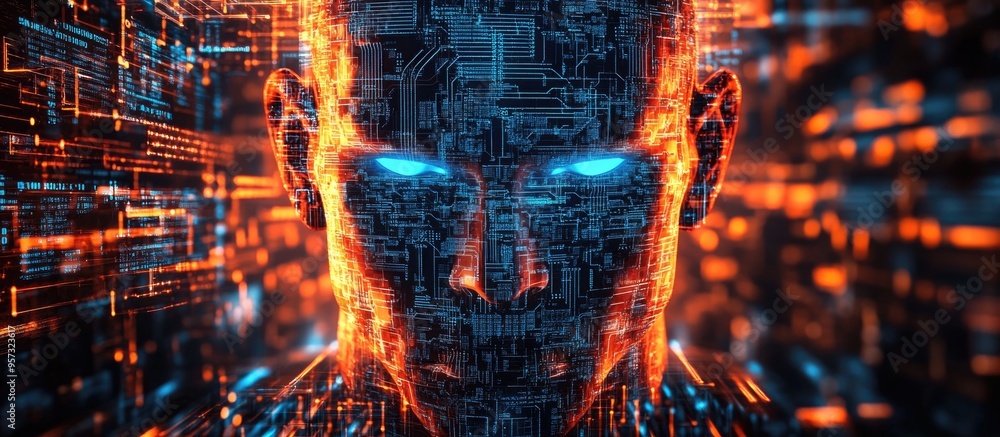 Aufkleber 3d illustration of a circuit board set against a backdrop of digital code featuring a menacing facia