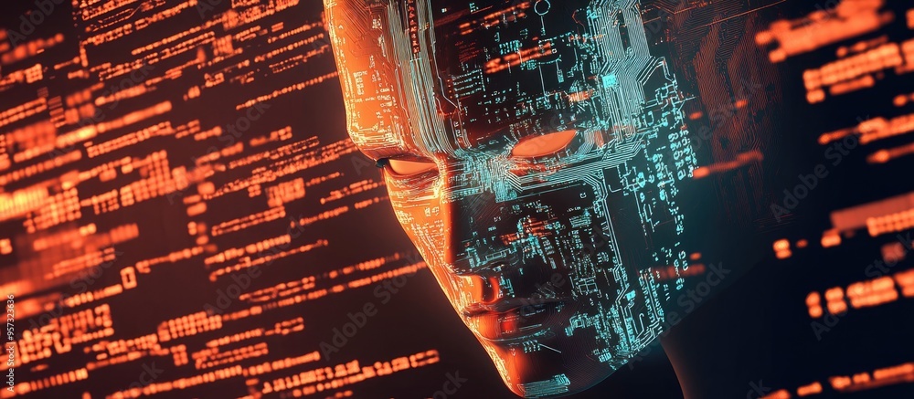 Poster 3d illustration of a circuit board set against a backdrop of digital code featuring a menacing facia