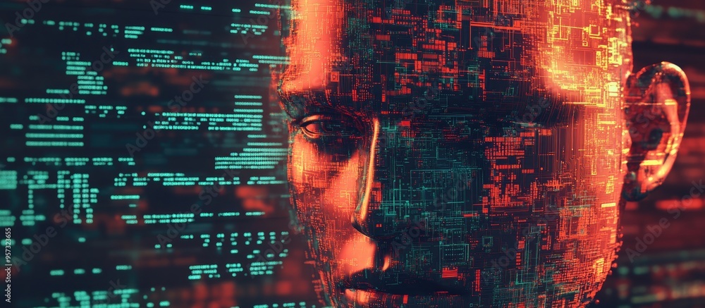 Poster 3d illustration of a circuit board set against a backdrop of digital code featuring a menacing facia