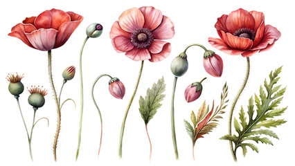 Obraz premium Floral clipart set: red flowers and poppy buds. Ideal for greetings, cards, packaging, spring designs, botanical illustrations and creative projects.