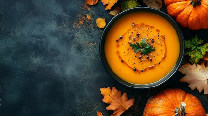 First course suggestion: pumpkin soup, rich in vitamins and flavor. Ideal menu starter. Overhead shot.