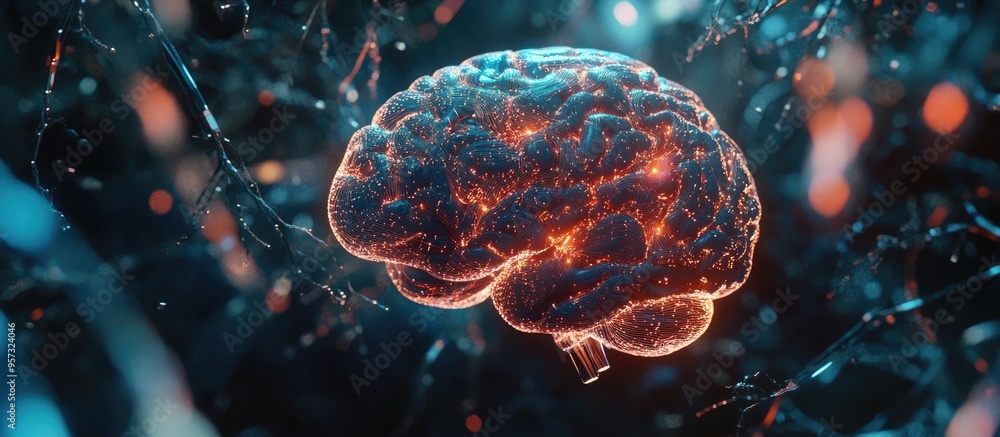 Poster 3d illustration of a computer brain conceptualizing thoughts through neural networks and artificial 