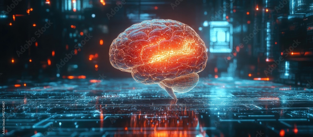 Poster 3d illustration of a computer brain conceptualizing thoughts through neural networks and artificial 