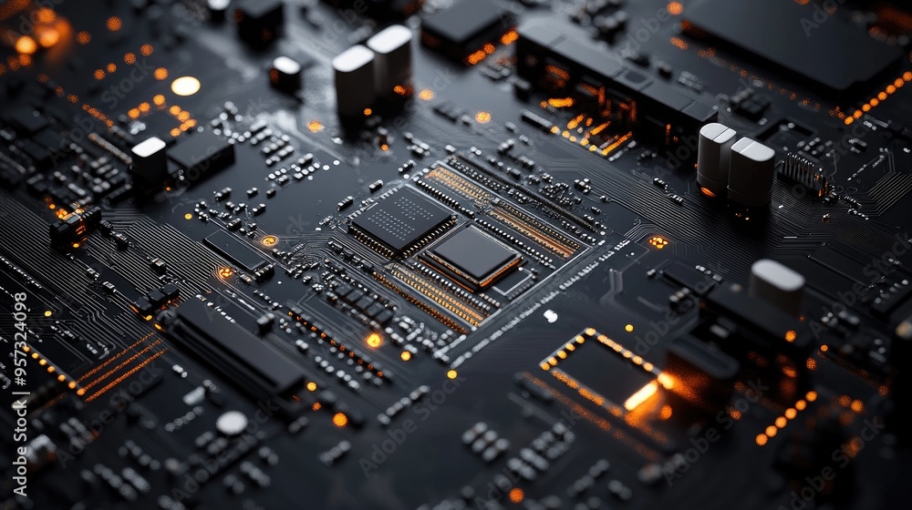 Poster 3d illustration of a computer chip positioned against a black background featuring a satellite anten