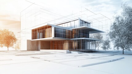 3D illustration of a conceptual sketch showcasing house building architecture