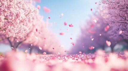 A picturesque scene of cherry blossoms in full bloom, with pink petals gently falling to the ground, creating a dreamy, romantic atmosphere under a clear blue sky.