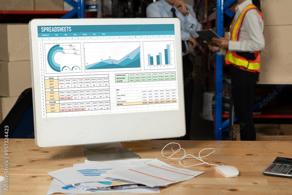 Poster spreadsheet document information financial startup concept. data and graphs in spreadsheet documents